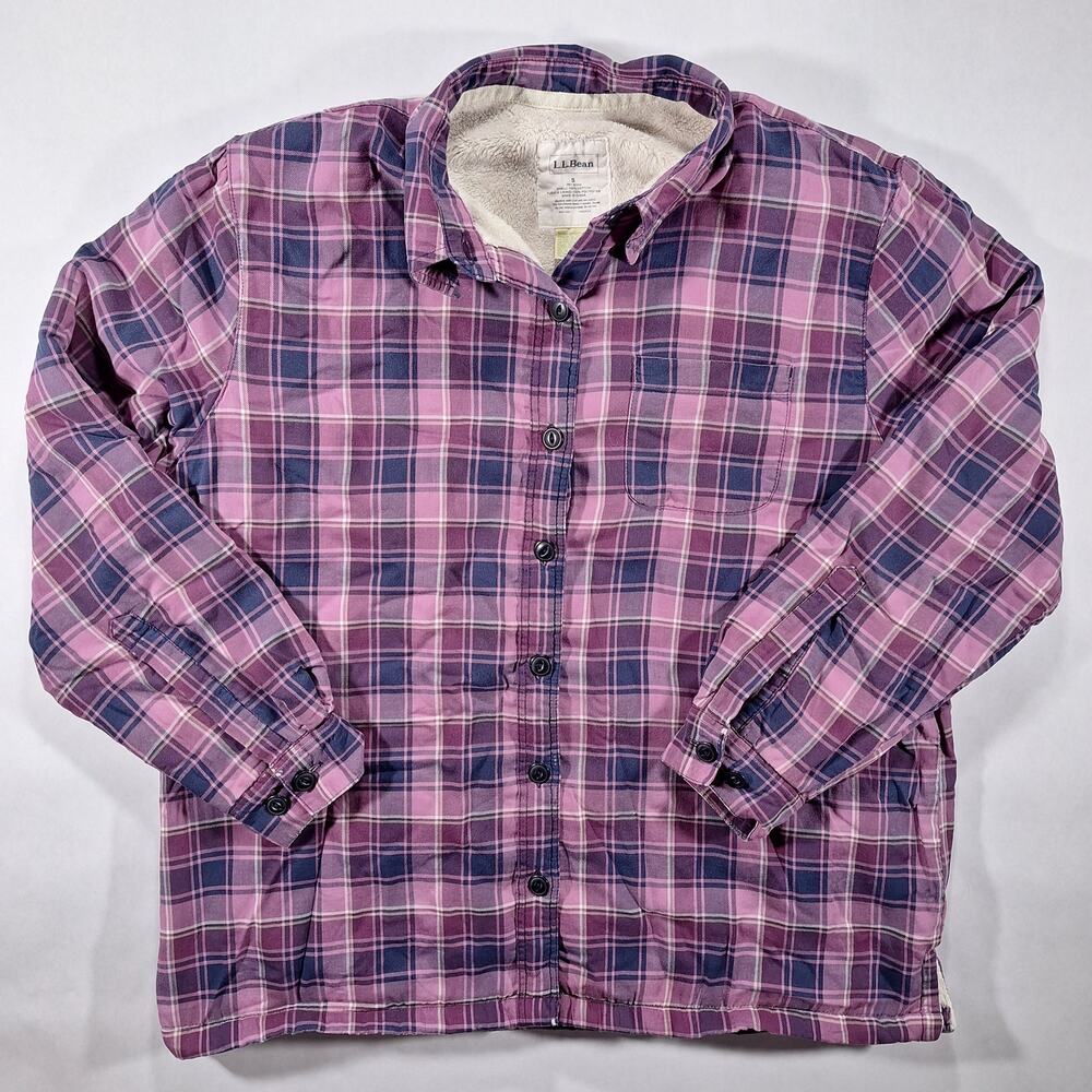 L.L. Bean Women's Small Flannel Shirt Jacket Purple Plaid Fleece Lined Button-Up